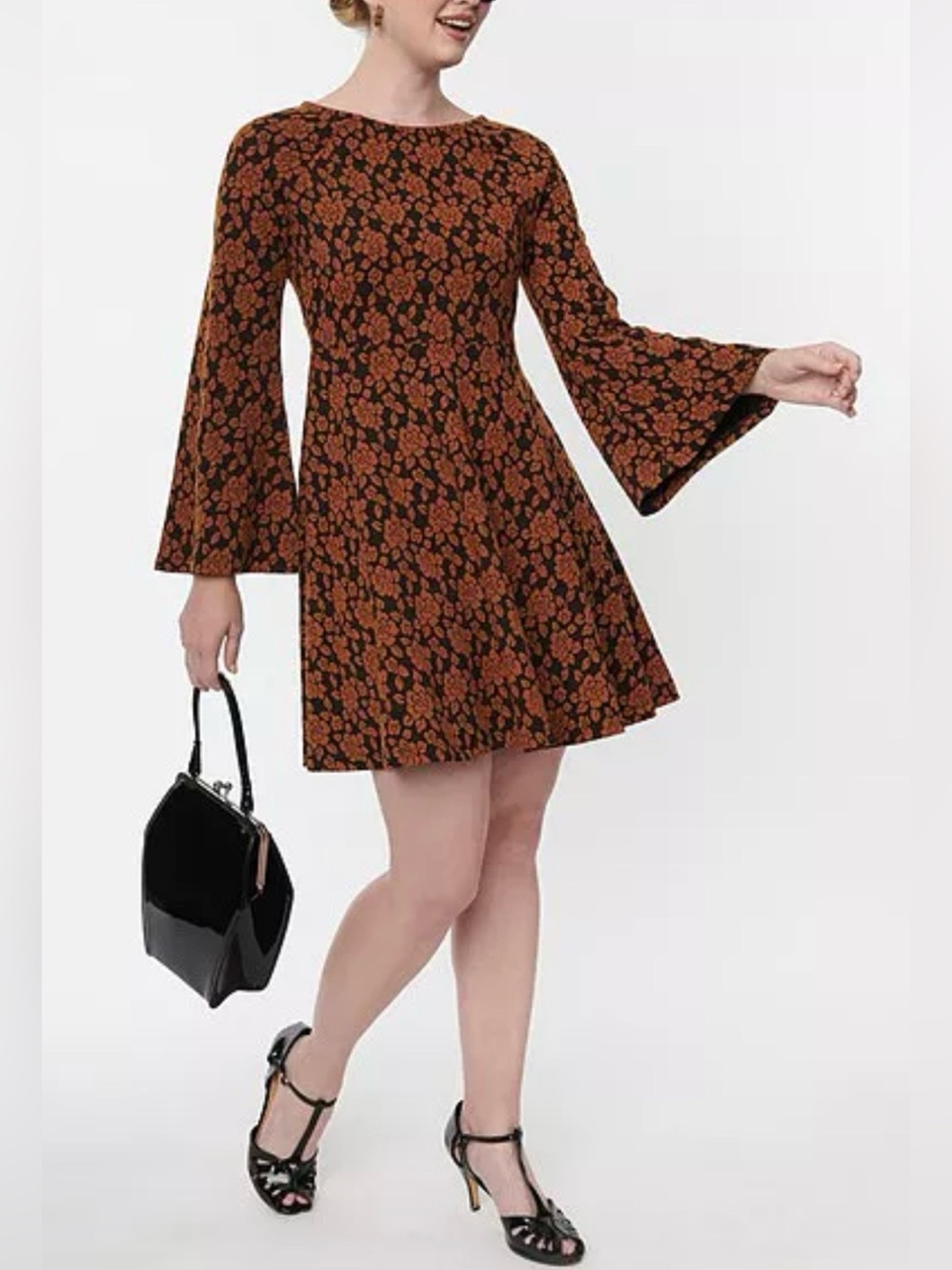 Unique Vintage Rust Orange & Black Floral Flare Dress size XL/14